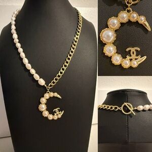 Gold and Pearl Crescent Necklace